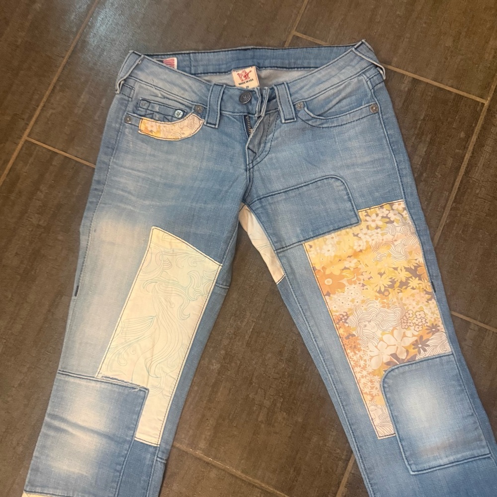 True Religion Light Blue Patchwork Flare Jeans with Cream Floral Details - Picture 6 of 13